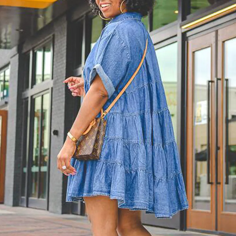 Solid Short Sleeve Button Detailed Loose Dress