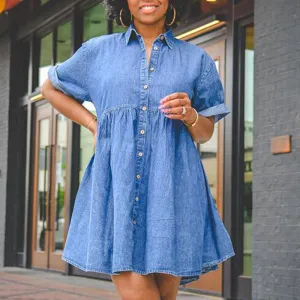 Solid Short Sleeve Button Detailed Loose Dress
