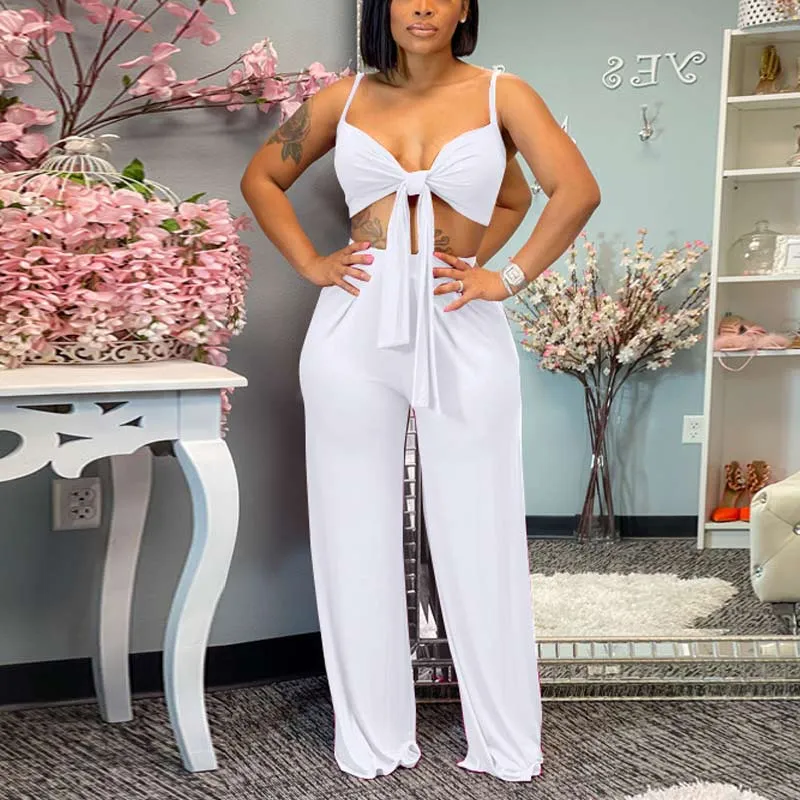Solid Sleeveless Knotted Tube Top & Pants Set