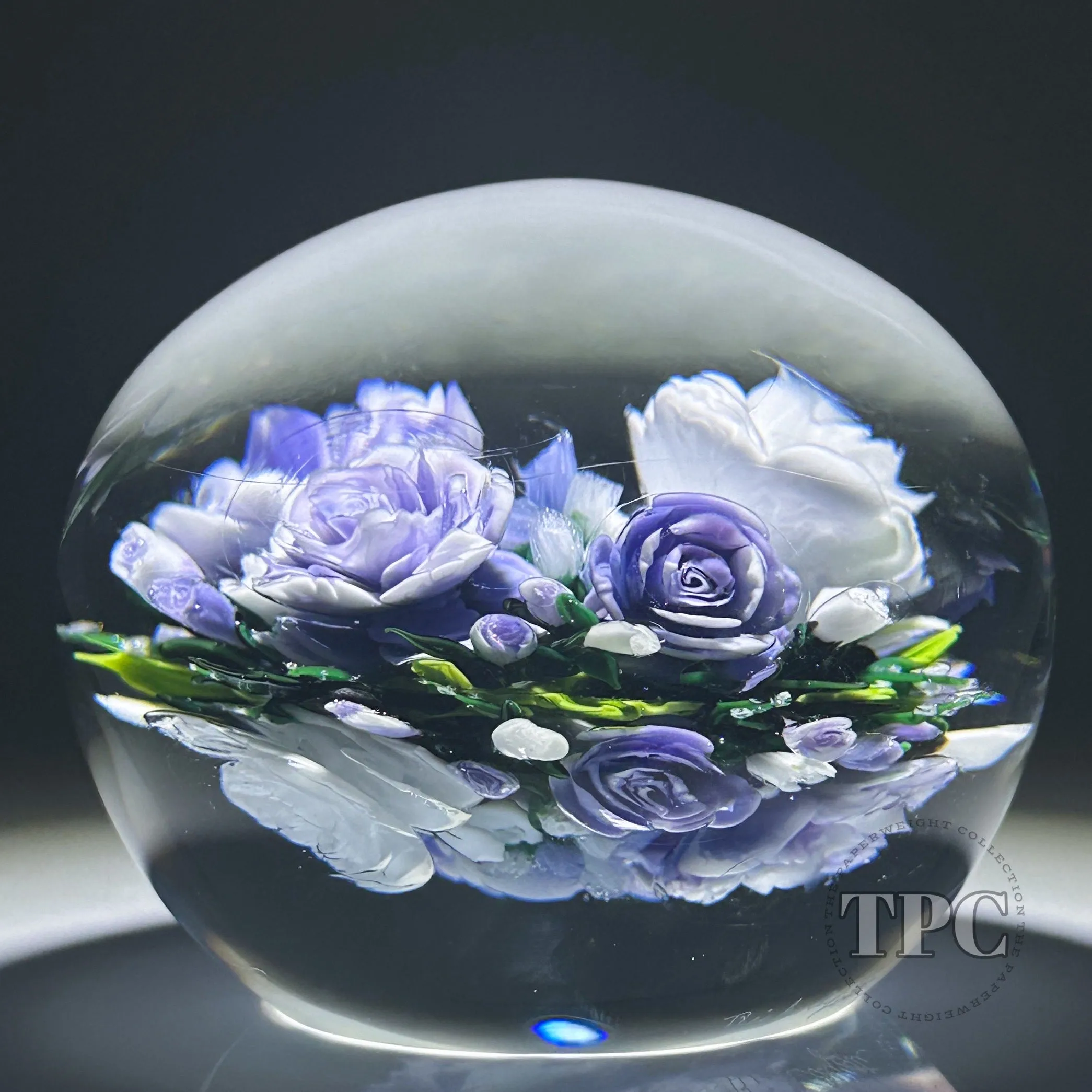Super Magnum Rick Ayotte Double Sided Glass Art Paperweight Flamework Purple and White Rose Bouquet