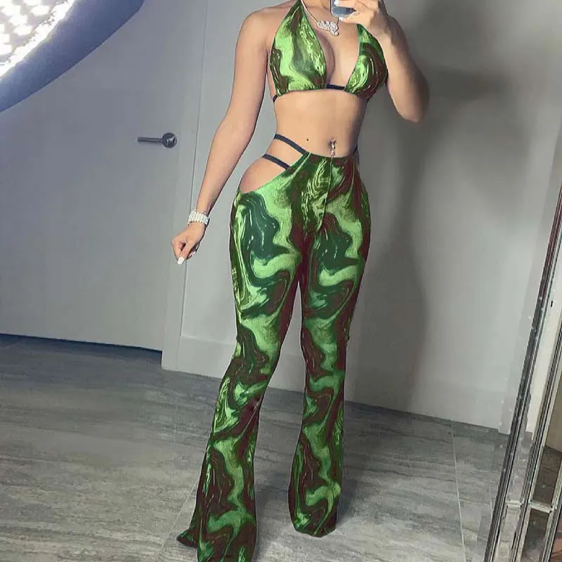 Tie Dye Print Sleeveless Halter Tube Top & Cut out Pants Set