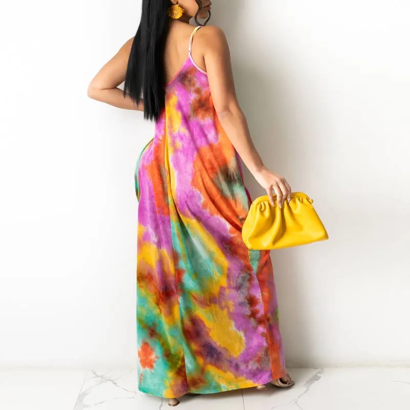 Tie Dye Print Sleeveless Loose Maxi Dress