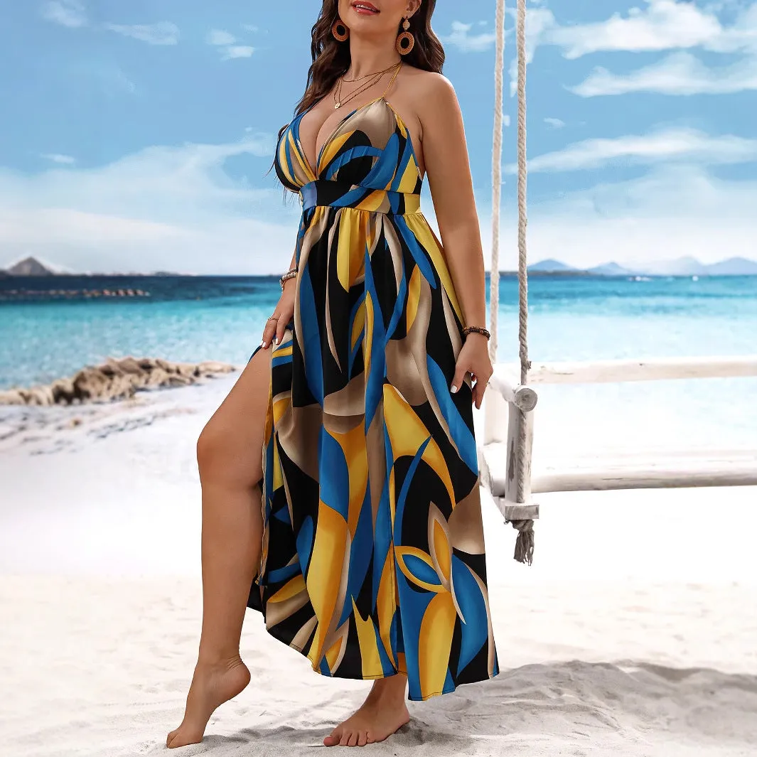 Tropical Breeze Printed Plus Size Beach Strap Dress for Effortless Elegance
