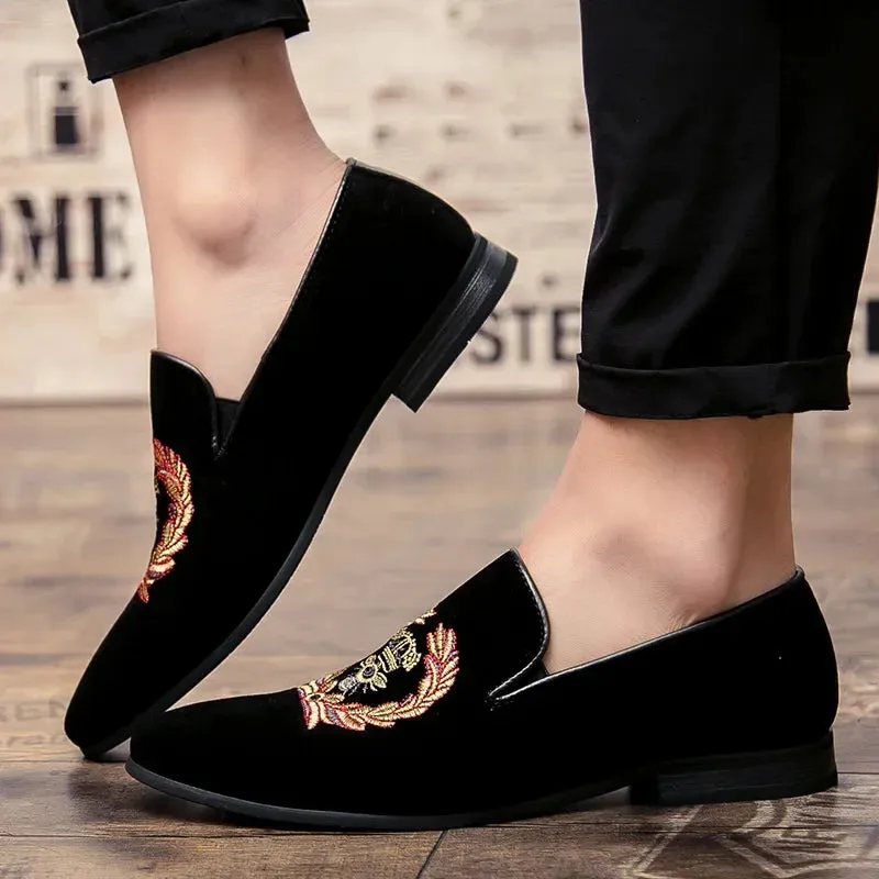 Velvet loafers with embroidered emblem