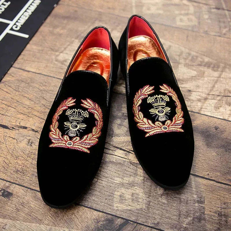 Velvet loafers with embroidered emblem