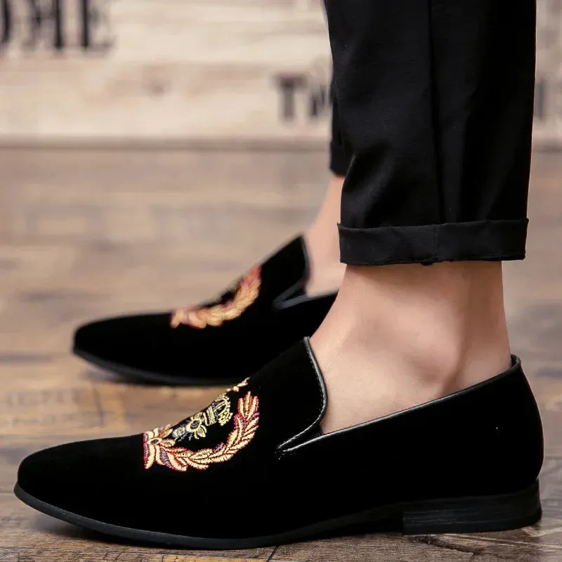 Velvet loafers with embroidered emblem