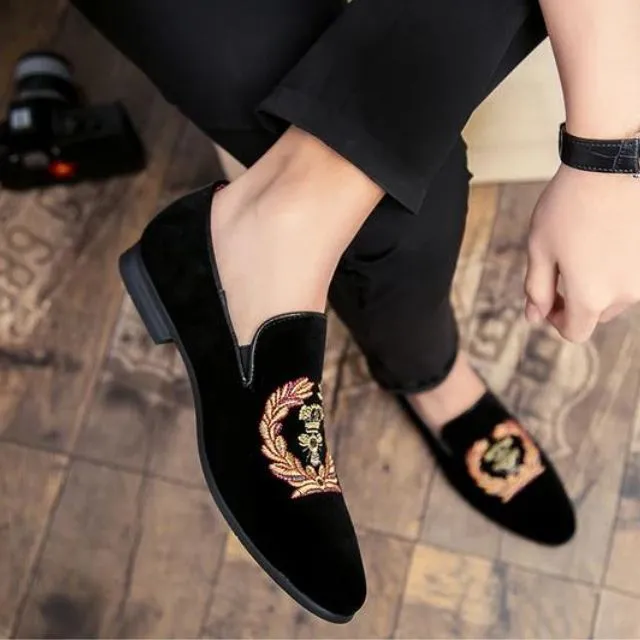 Velvet loafers with embroidered emblem