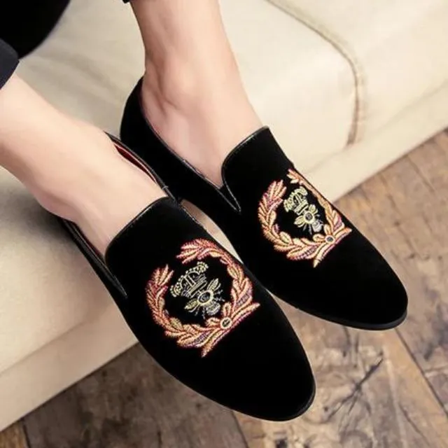 Velvet loafers with embroidered emblem
