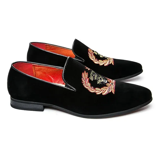 Velvet loafers with embroidered emblem