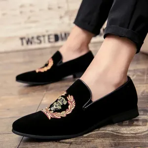 Velvet loafers with embroidered emblem