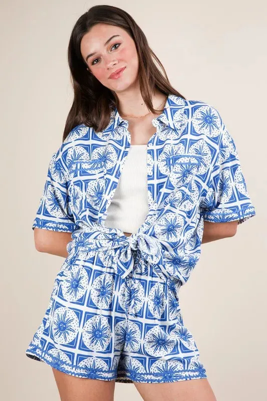 VERY J Tropical Printed Shirt Top and Shorts Set