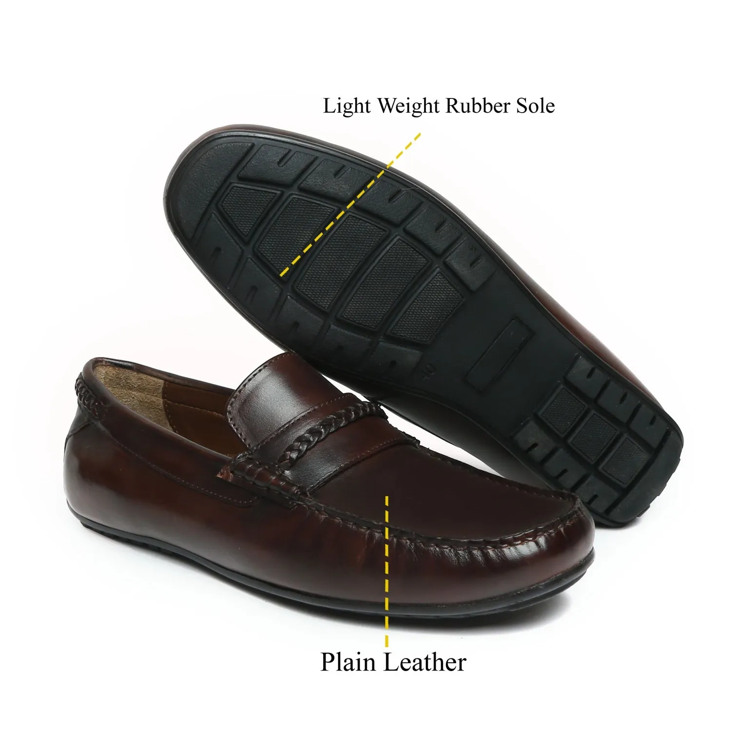 Weaved Moccasin Loafers Dark Brown Leather