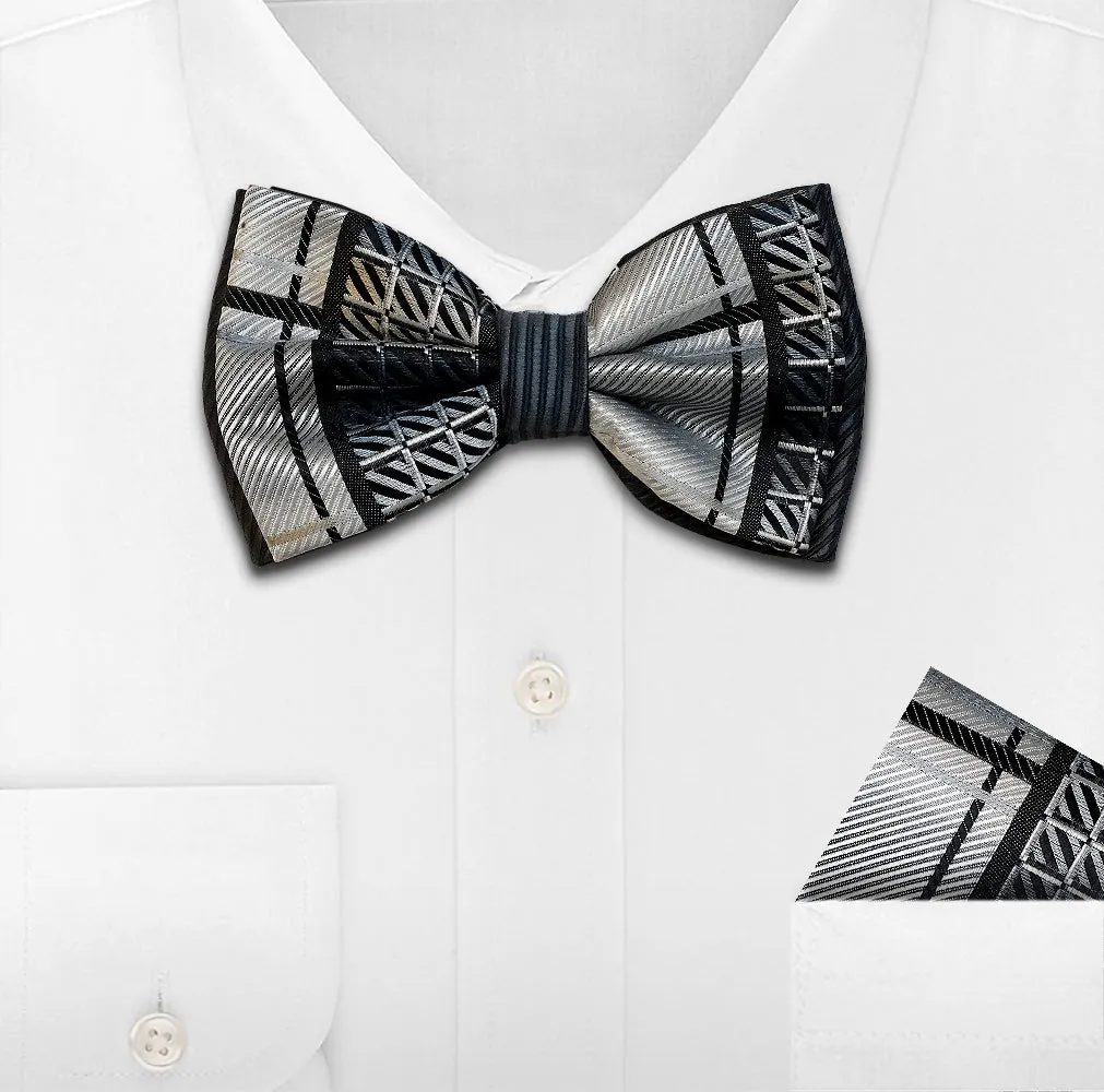 WHITE WOVEN BOW TIE & HANKIE SET